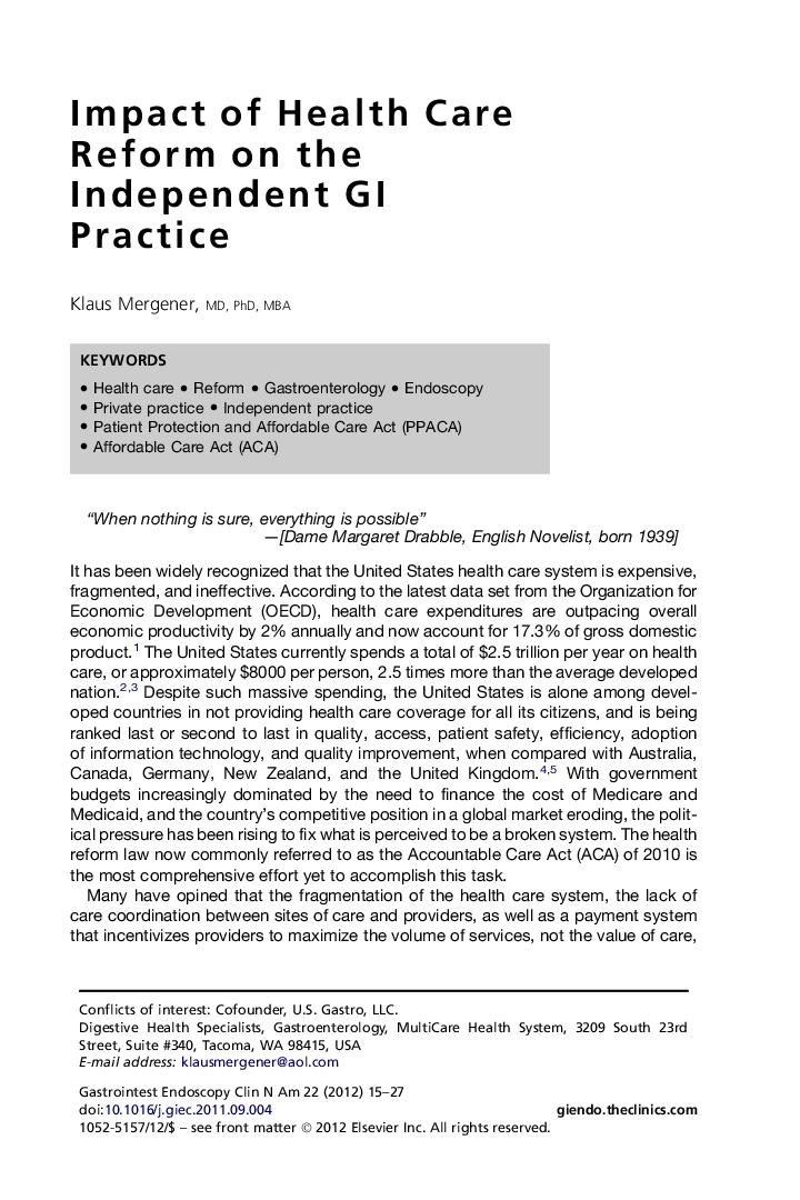 Impact of Health Care Reform on the Independent GI Practice