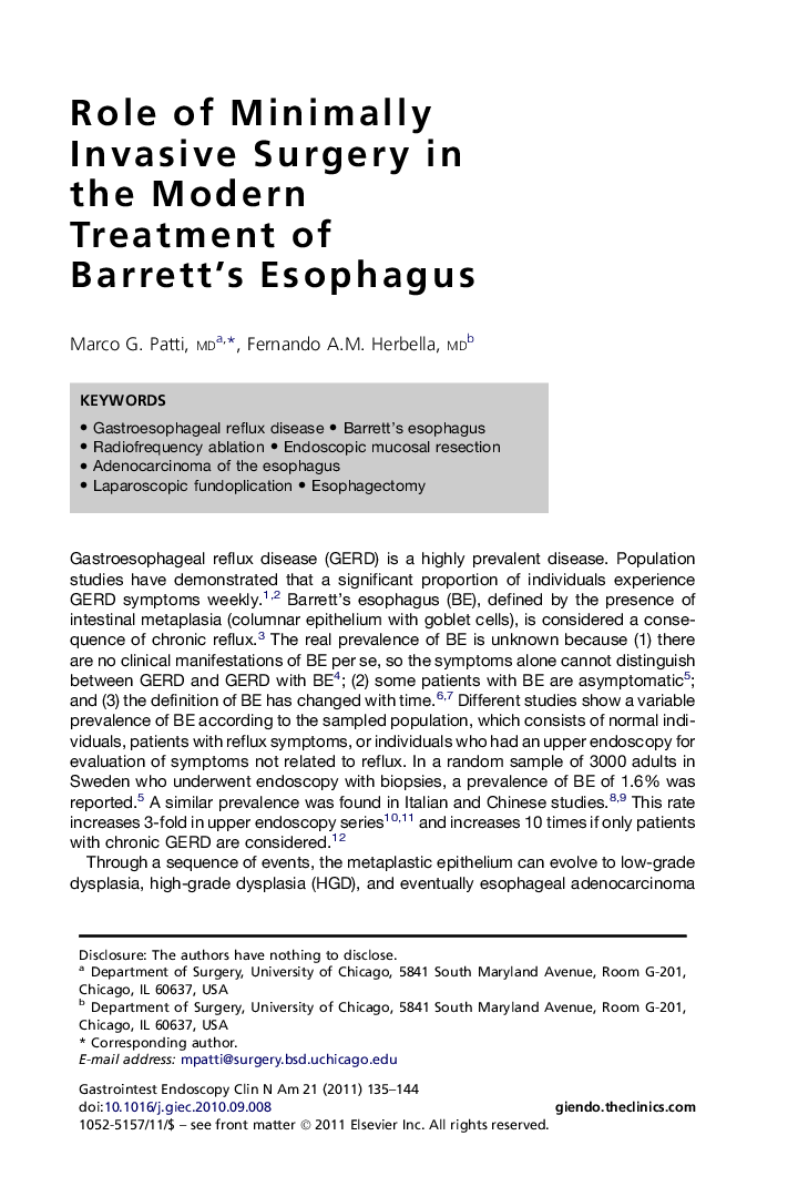 Role of Minimally Invasive Surgery in the Modern Treatment of Barrett's Esophagus