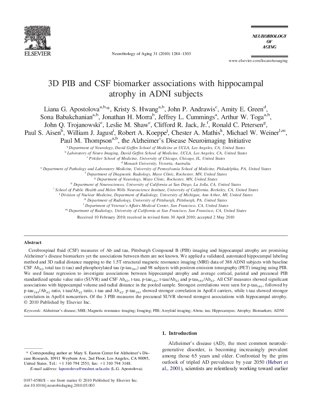 3D PIB and CSF biomarker associations with hippocampal atrophy in ADNI subjects