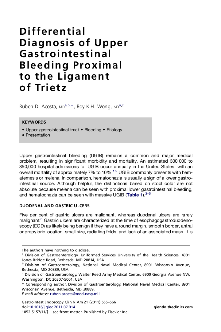 Differential Diagnosis of Upper Gastrointestinal Bleeding Proximal to the Ligament of Trietz