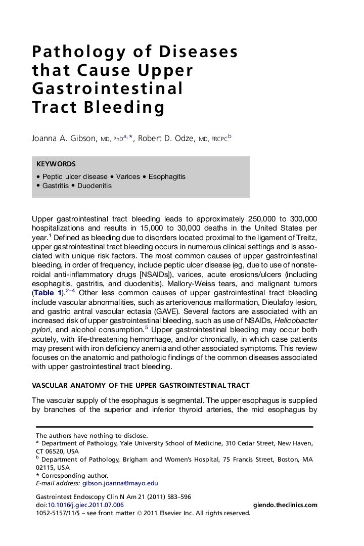 Pathology of Diseases that Cause Upper Gastrointestinal Tract Bleeding