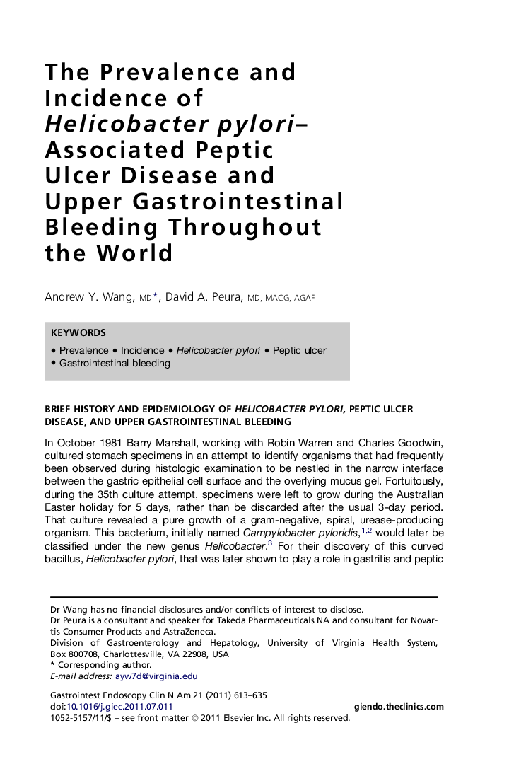 The Prevalence and Incidence of Helicobacter pylori-Associated Peptic Ulcer Disease and Upper Gastrointestinal Bleeding Throughout the World