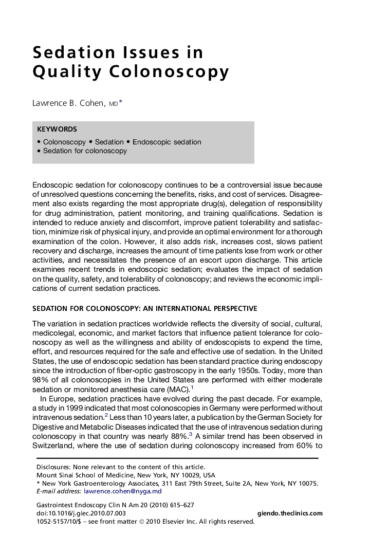 Sedation Issues in Quality Colonoscopy