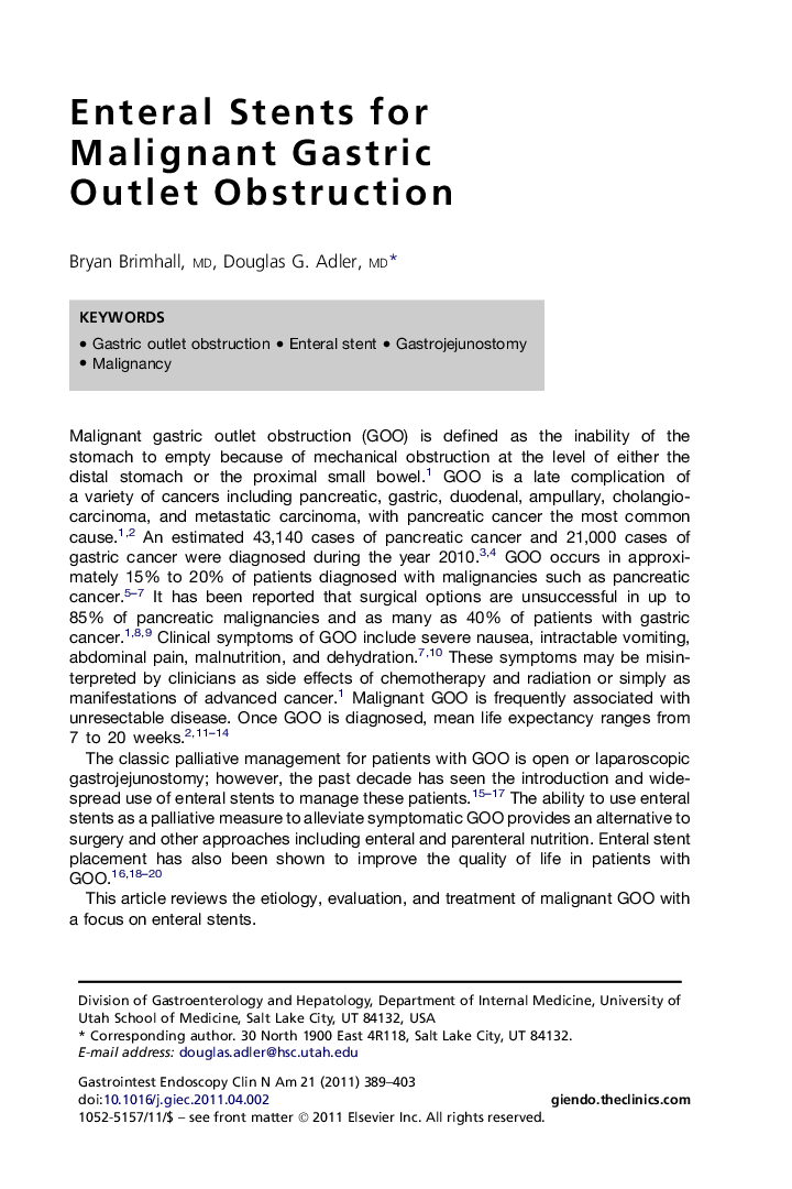 Enteral Stents for Malignant Gastric Outlet Obstruction