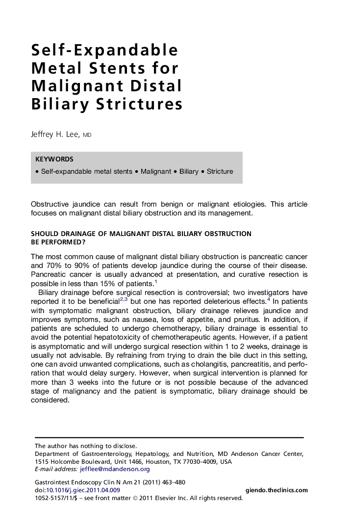 Self-Expandable Metal Stents for Malignant Distal Biliary Strictures