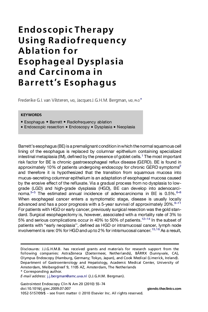 Endoscopic Therapy Using Radiofrequency Ablation for Esophageal Dysplasia and Carcinoma in Barrett's Esophagus