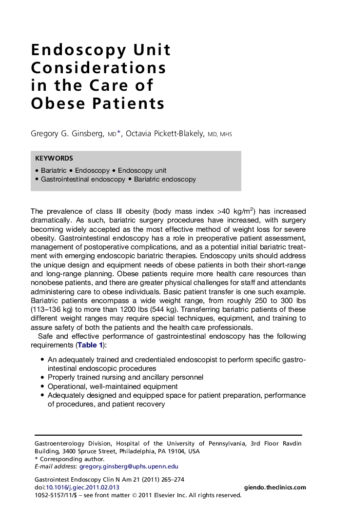 Endoscopy Unit Considerations in the Care of Obese Patients