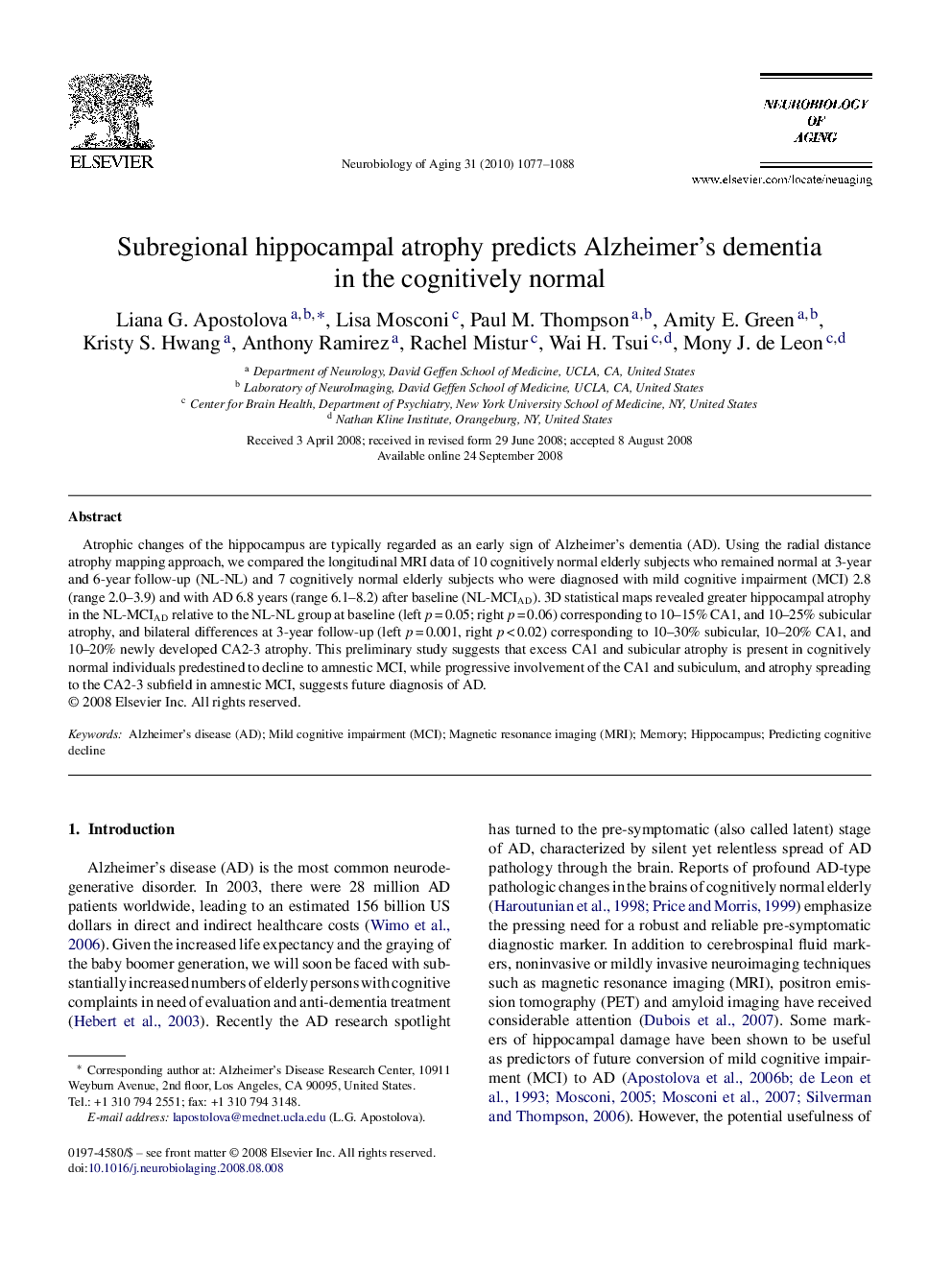 Subregional hippocampal atrophy predicts Alzheimer's dementia in the cognitively normal