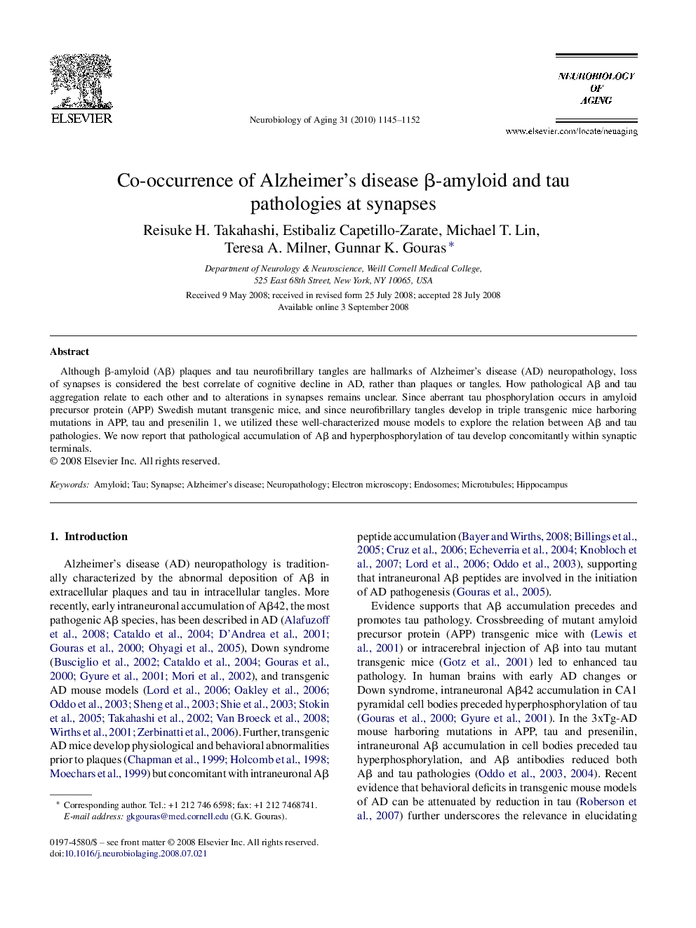 Co-occurrence of Alzheimer's disease β-amyloid and tau pathologies at synapses