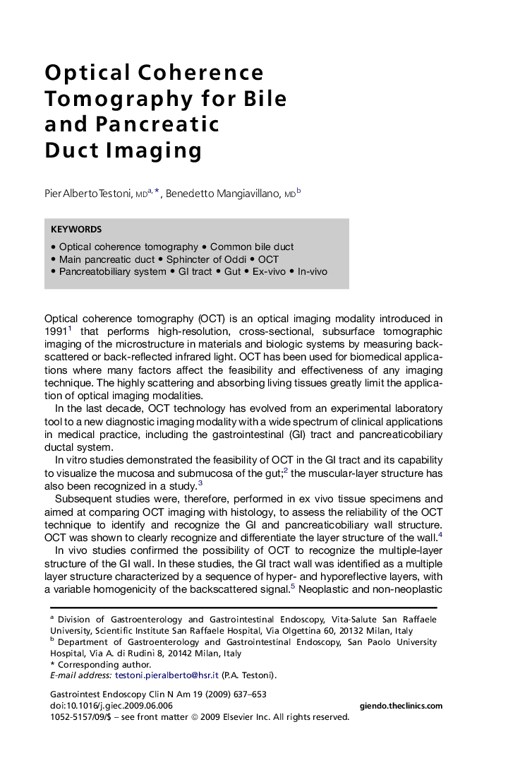 Optical Coherence Tomography for Bile and Pancreatic Duct Imaging