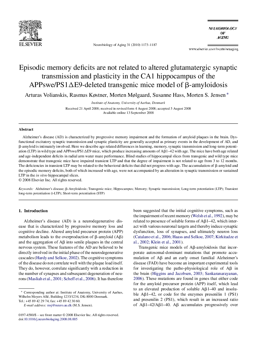 Episodic memory deficits are not related to altered glutamatergic synaptic transmission and plasticity in the CA1 hippocampus of the APPswe/PS1ΔE9-deleted transgenic mice model of β-amyloidosis
