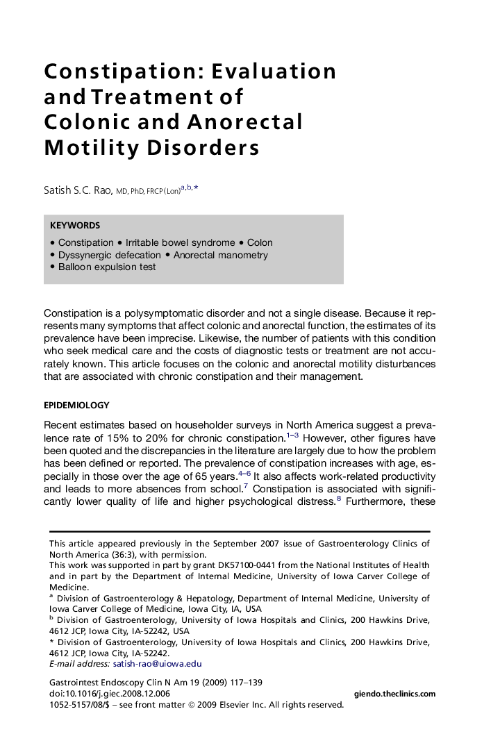 Constipation: Evaluation and Treatment of Colonic and Anorectal Motility Disorders