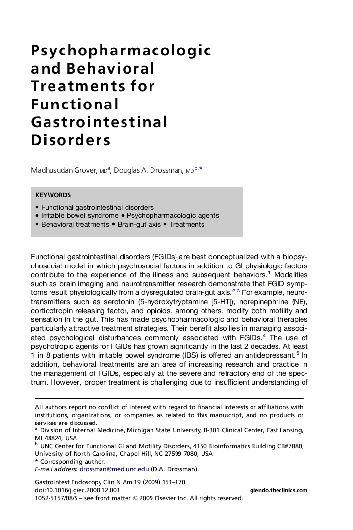 Psychopharmacologic and Behavioral Treatments for Functional Gastrointestinal Disorders 