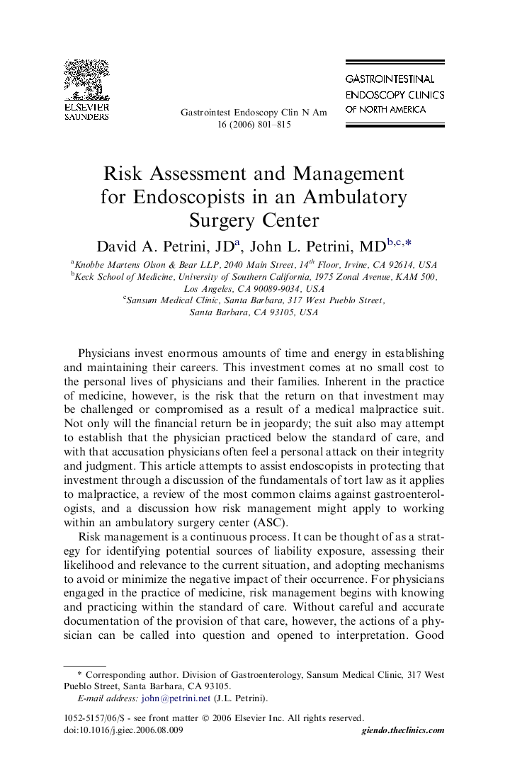 Risk Assessment and Management for Endoscopists in an Ambulatory Surgery Center