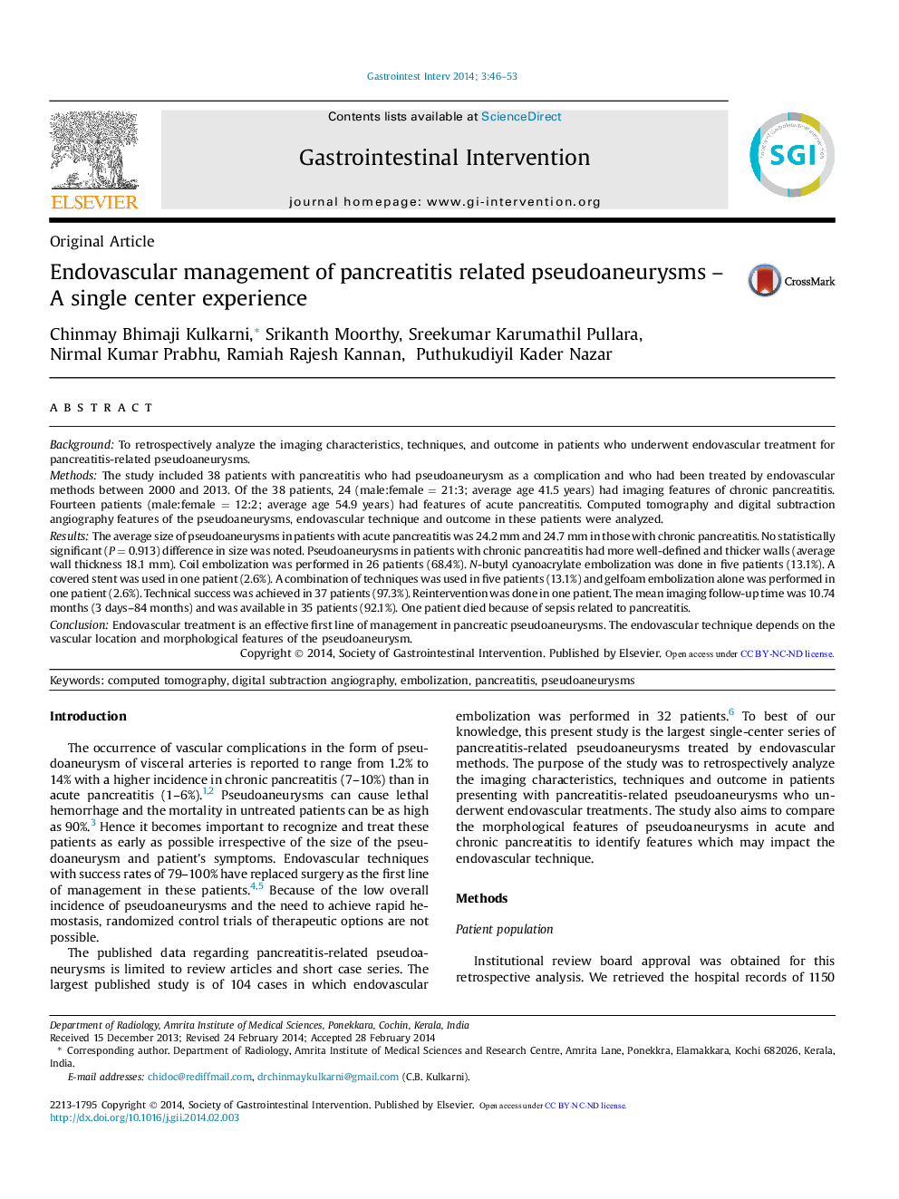 Endovascular management of pancreatitis related pseudoaneurysms – A single center experience