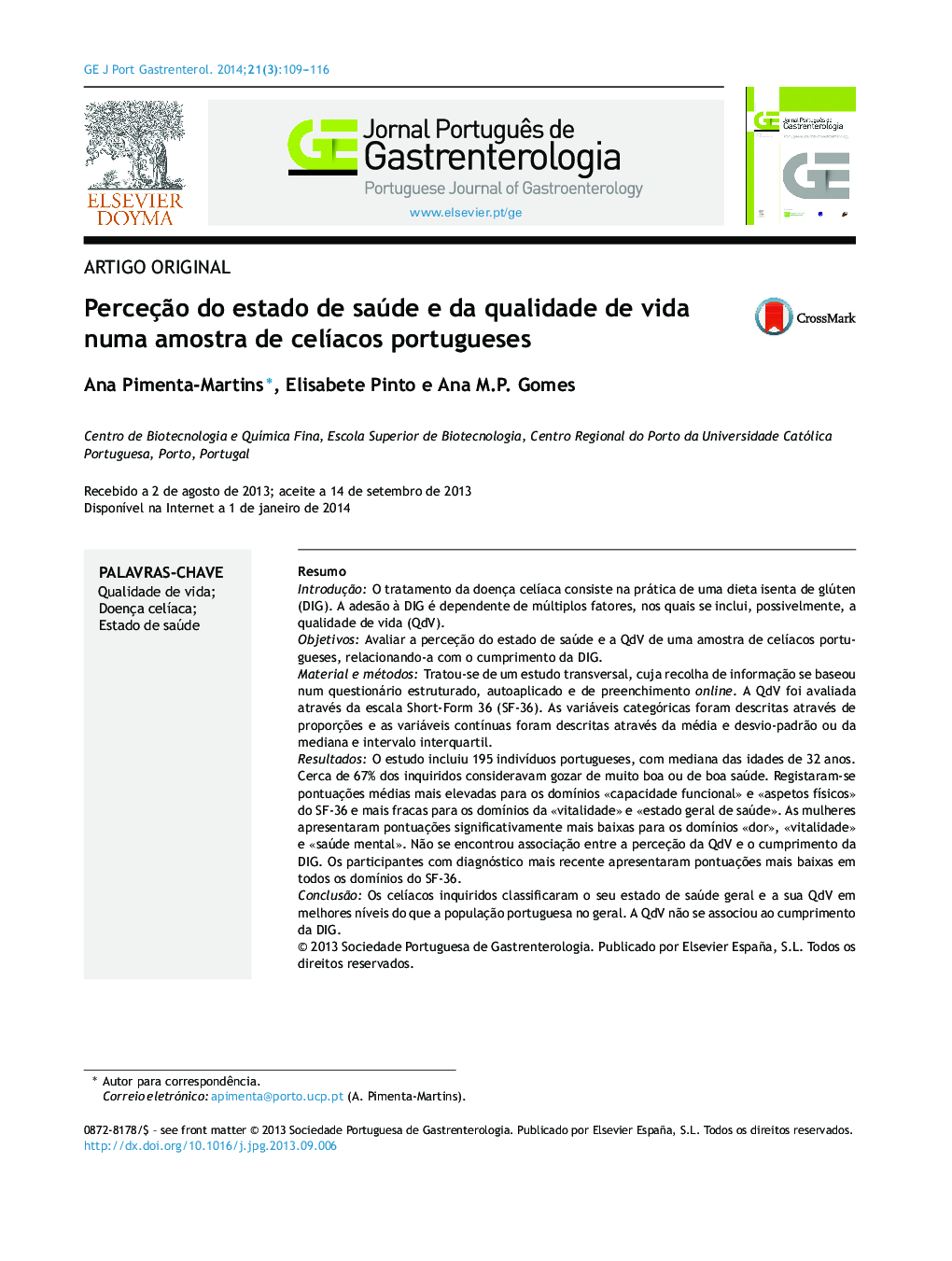 Perceção do estado de saúde e da qualidade de vida numa amostra de celíacos portugueses