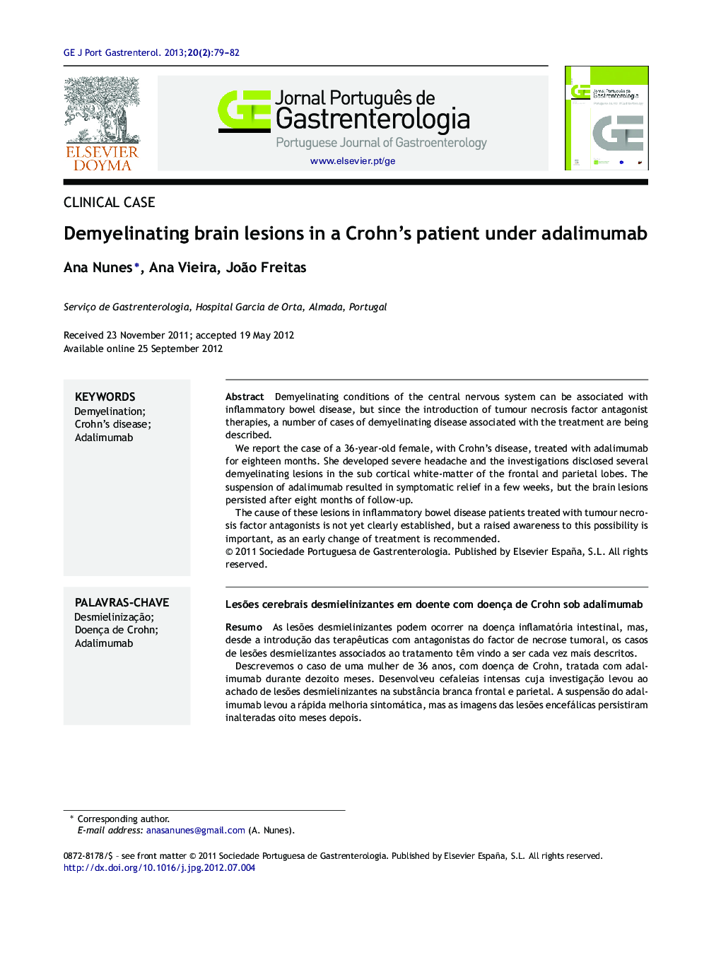 Demyelinating brain lesions in a Crohn's patient under adalimumab