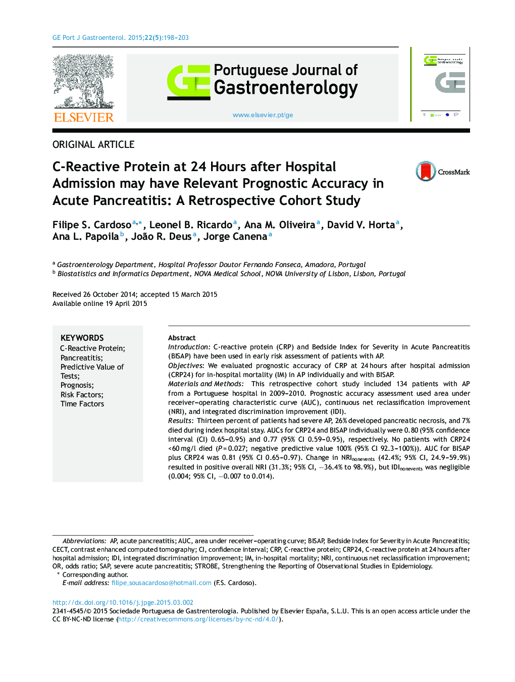 C-Reactive Protein at 24 Hours after Hospital Admission may have Relevant Prognostic Accuracy in Acute Pancreatitis: A Retrospective Cohort Study