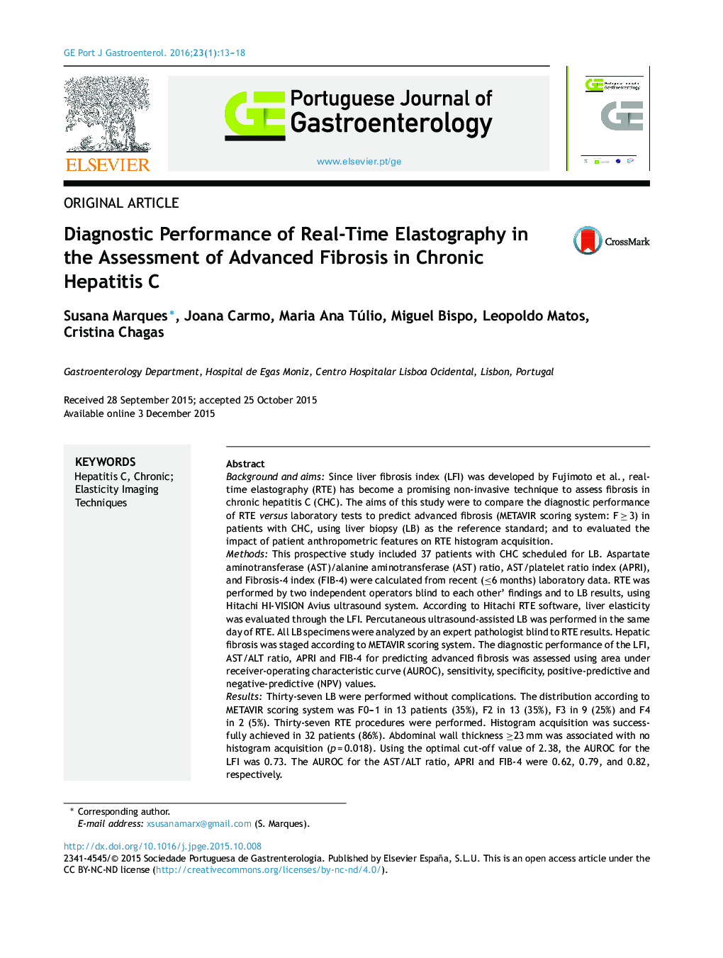 Diagnostic Performance of Real-Time Elastography in the Assessment of Advanced Fibrosis in Chronic Hepatitis C