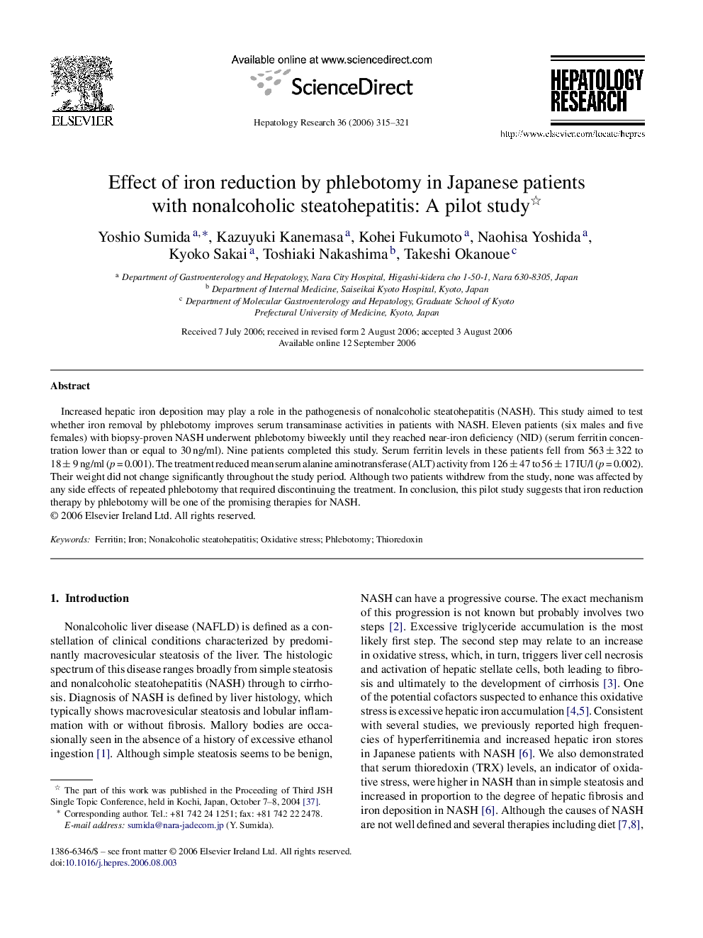عکس صفحه اول مقاله: Effect of iron reduction by phlebotomy in Japanese patients with nonalcoholic steatohepatitis: A pilot study Effect of iron reduction by phlebotomy in Japanese patients with nonalcoholic steatohepatitis: A pilot study