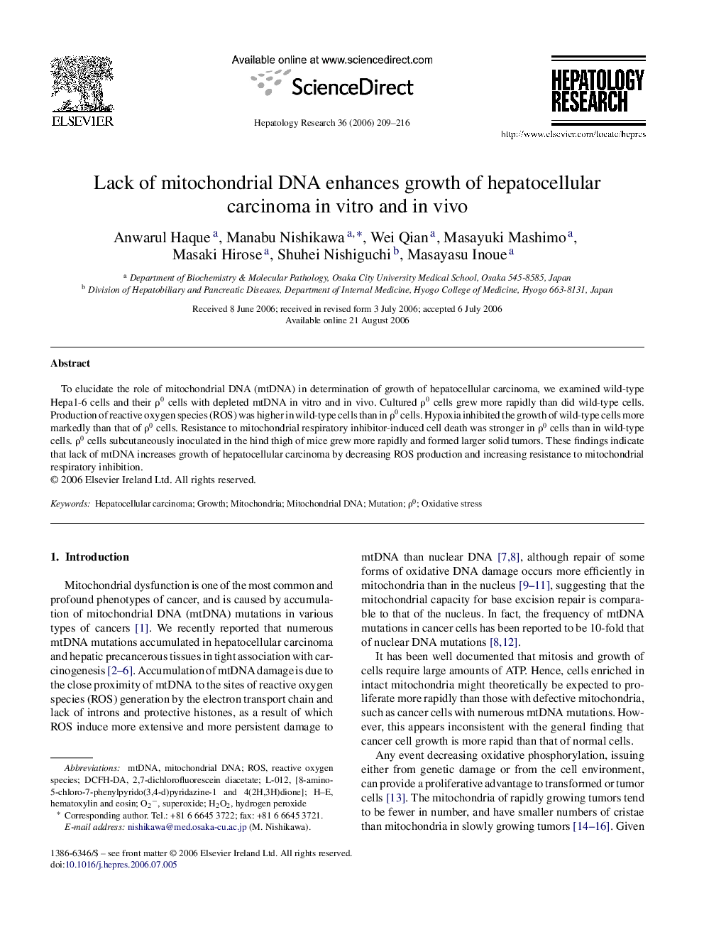 Lack of mitochondrial DNA enhances growth of hepatocellular carcinoma in vitro and in vivo