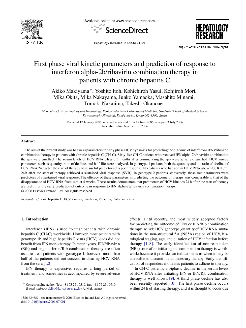 First phase viral kinetic parameters and prediction of response to interferon alpha-2b/ribavirin combination therapy in patients with chronic hepatitis C