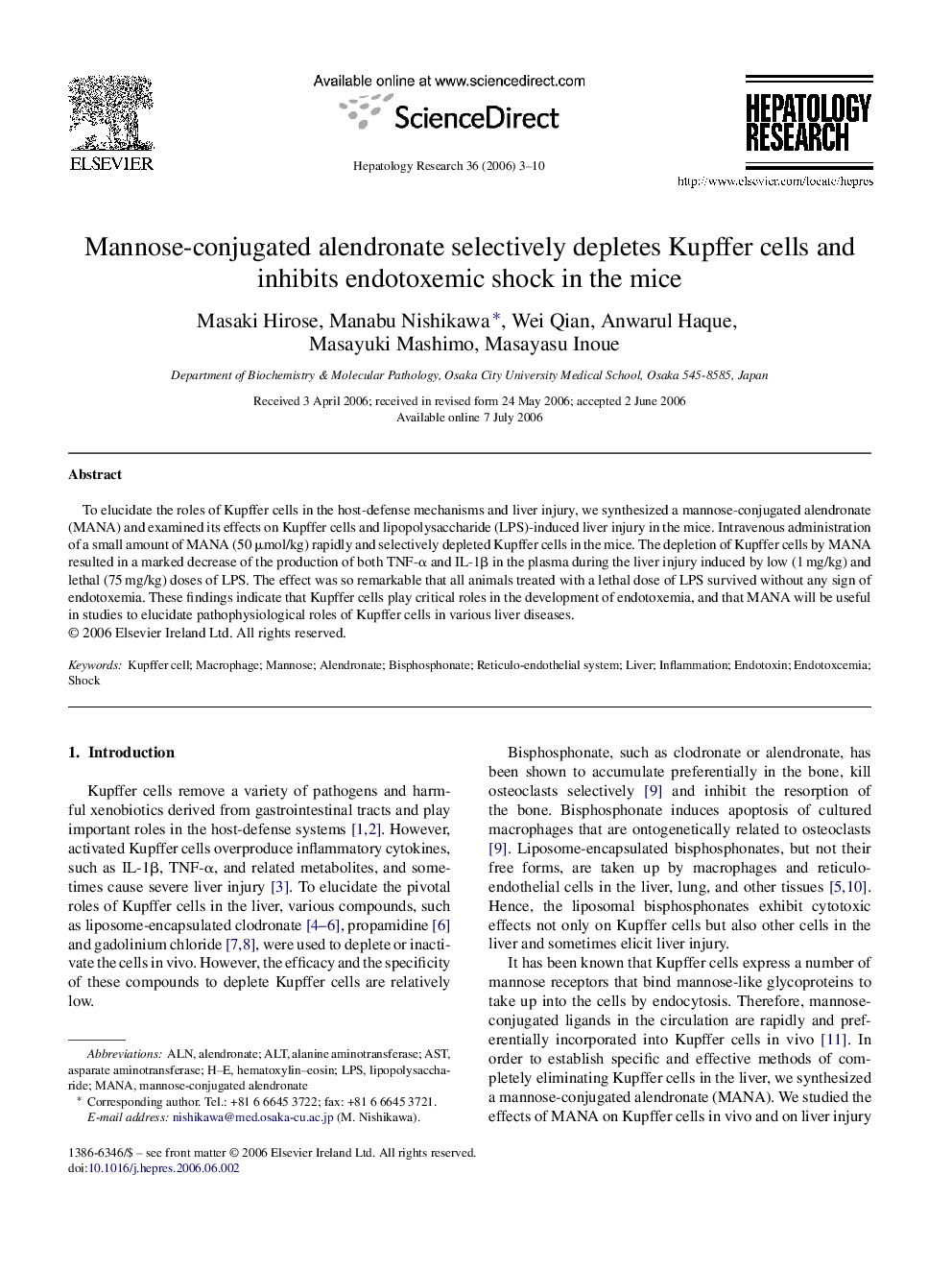 Mannose-conjugated alendronate selectively depletes Kupffer cells and inhibits endotoxemic shock in the mice