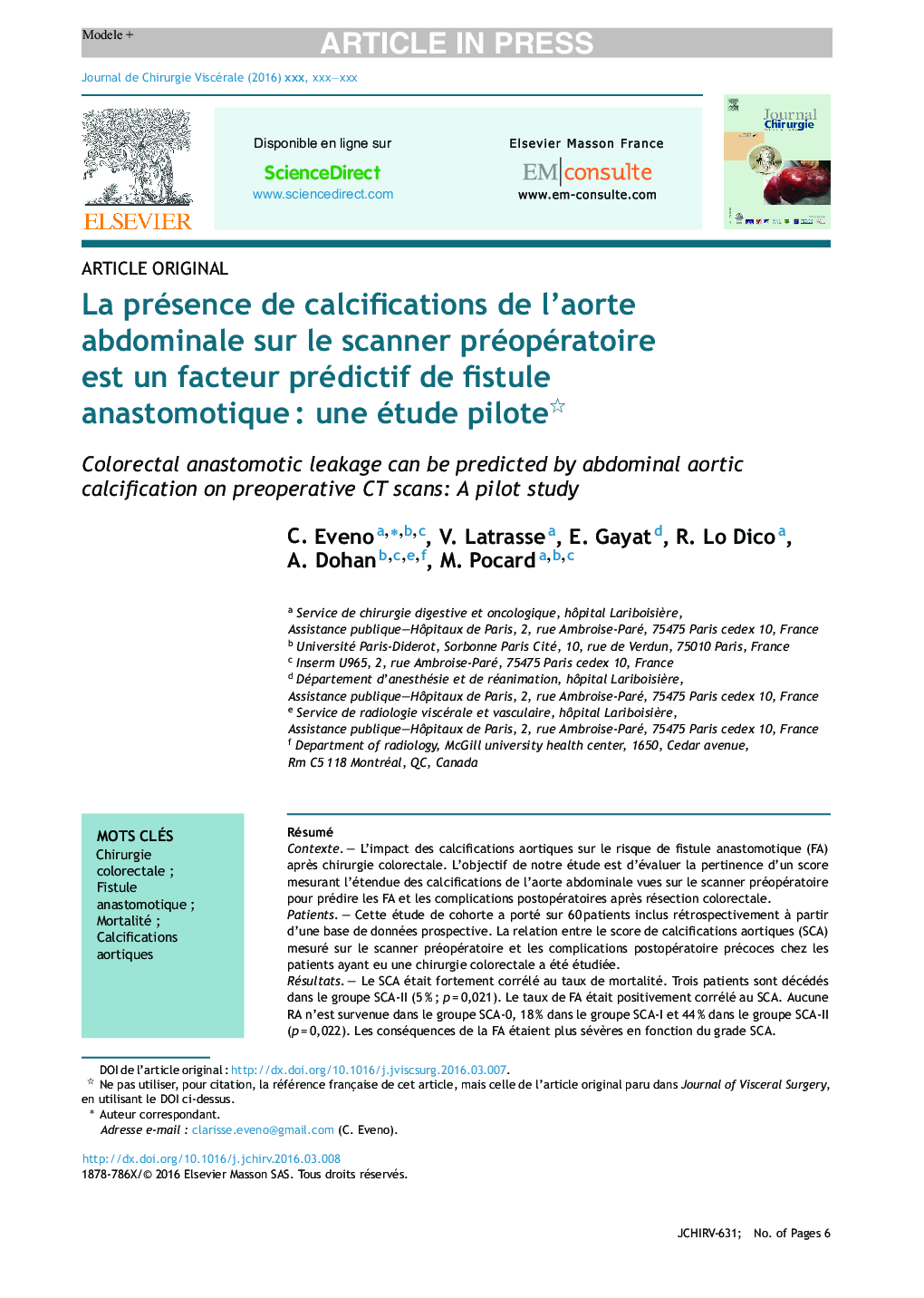 عکس صفحه اول مقاله: La présence de calcifications de l'aorte abdominale sur le scanner préopératoire est un facteur prédictif de fistule anastomotique : une étude pilote La présence de calcifications de l'aorte abdominale sur le scanner préopératoire est un facteur prédictif de fistule anastomotique : une étude pilote