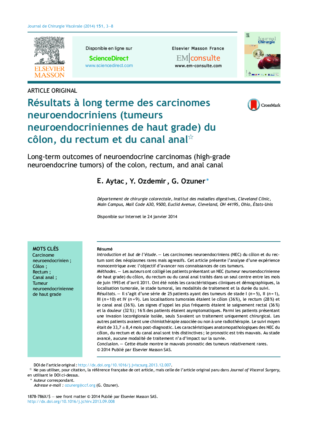 Résultats Ã  long terme des carcinomes neuroendocriniens (tumeurs neuroendocriniennes de haut grade) du cÃ´lon, du rectum et du canal anal