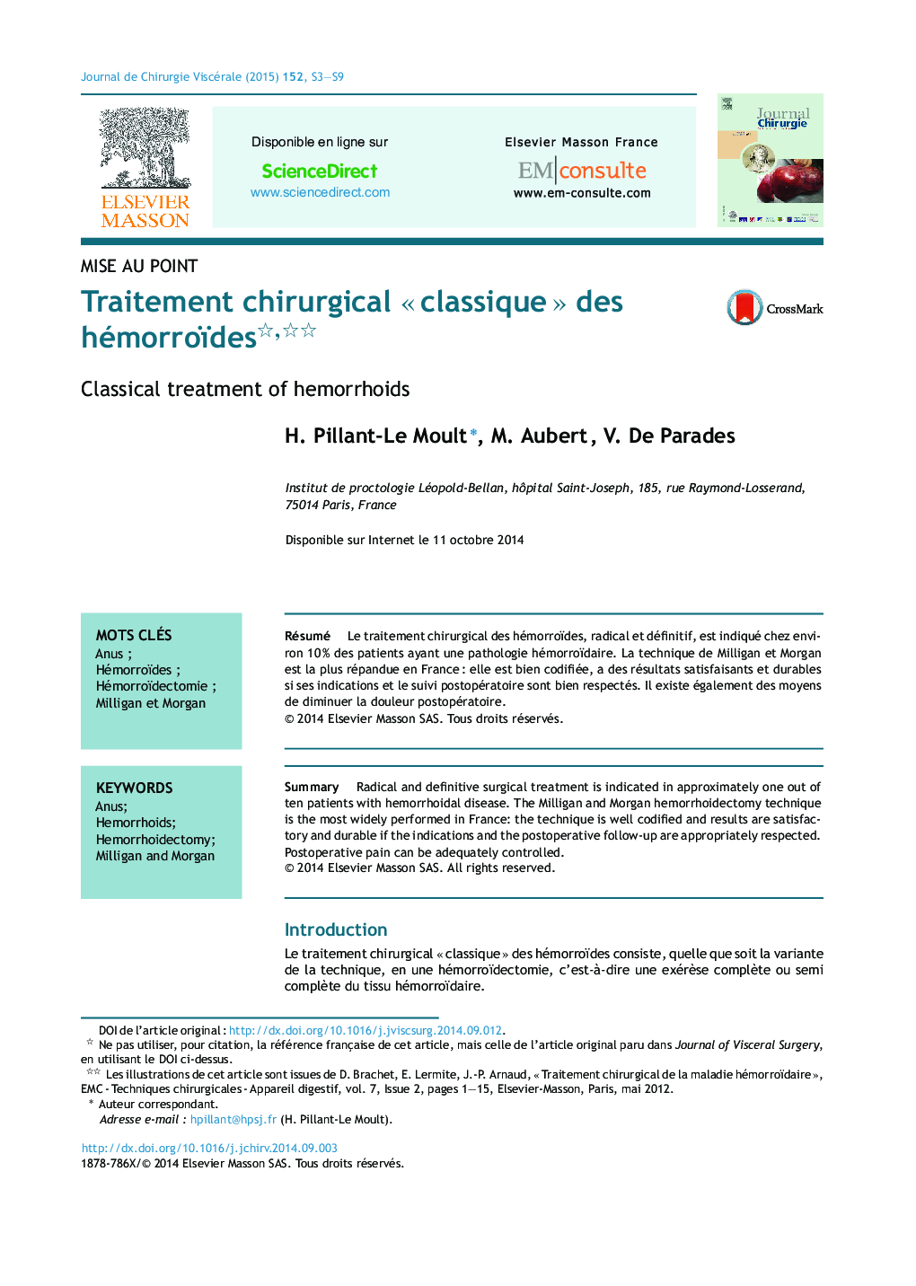 Traitement chirurgical Â«Â classiqueÂ Â» des hémorroïdes