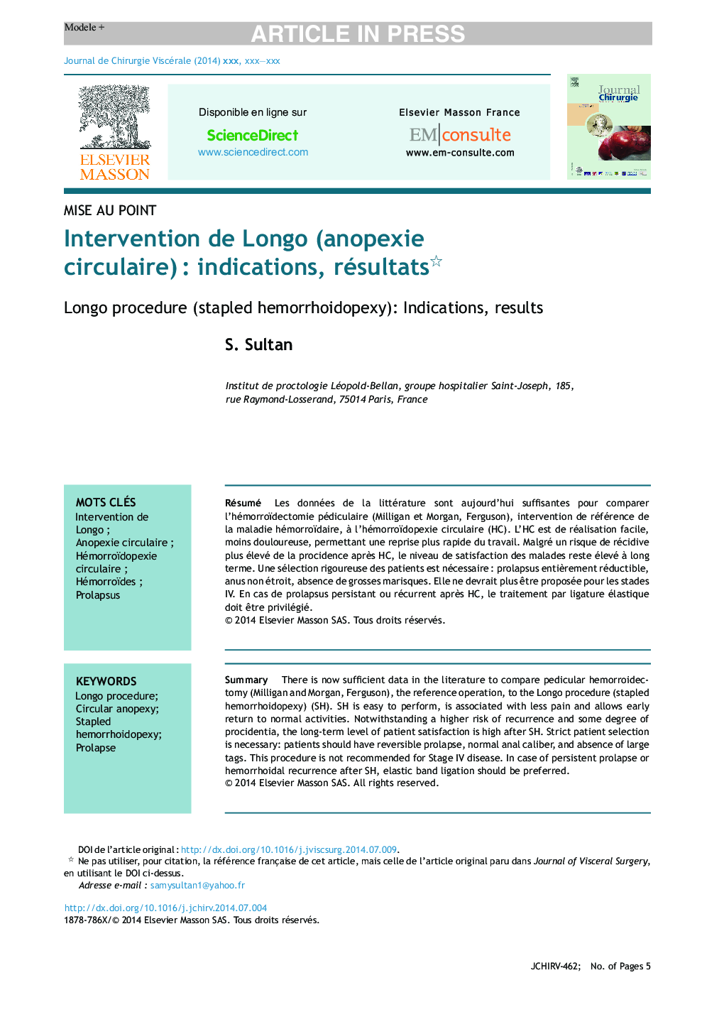 Intervention de Longo (anopexie circulaire)Â : indications, résultats