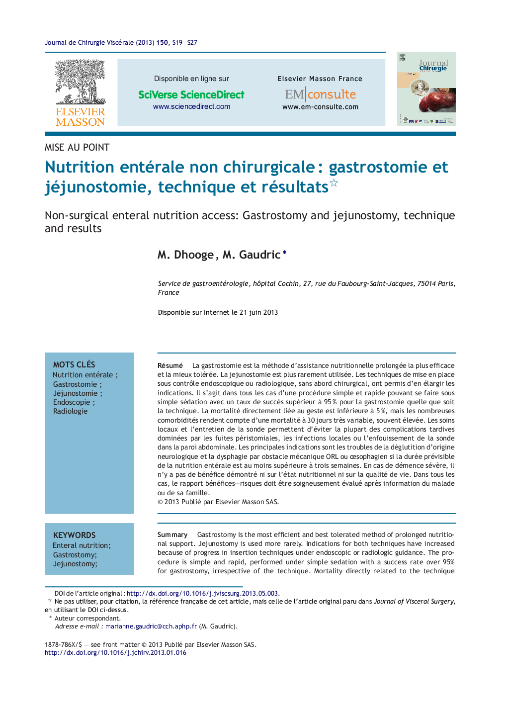 عکس صفحه اول مقاله: Nutrition entérale non chirurgicale : gastrostomie et jéjunostomie, technique et résultats Nutrition entérale non chirurgicale : gastrostomie et jéjunostomie, technique et résultats
