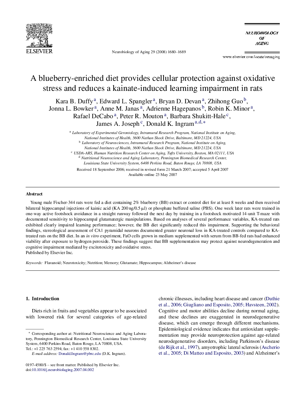 A blueberry-enriched diet provides cellular protection against oxidative stress and reduces a kainate-induced learning impairment in rats