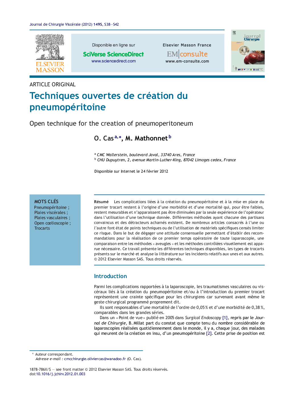 Techniques ouvertes de création du pneumopéritoine