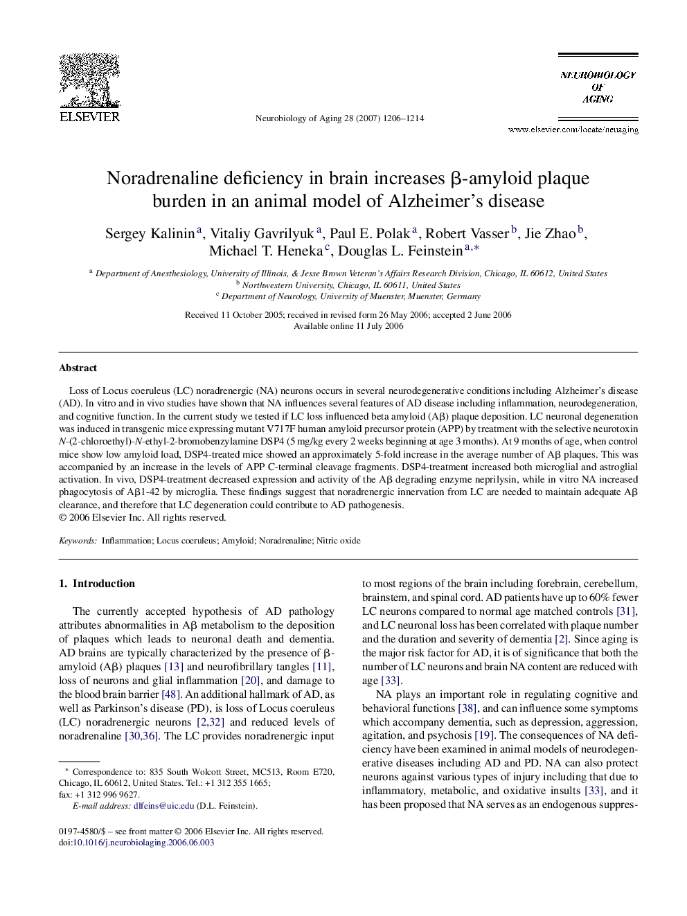 Noradrenaline deficiency in brain increases β-amyloid plaque burden in an animal model of Alzheimer's disease