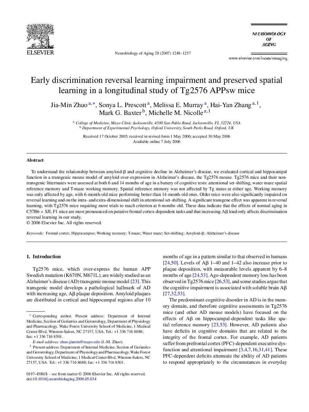 Early discrimination reversal learning impairment and preserved spatial learning in a longitudinal study of Tg2576 APPsw mice