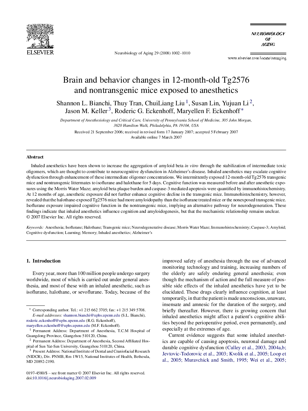 Brain and behavior changes in 12-month-old Tg2576 and nontransgenic mice exposed to anesthetics