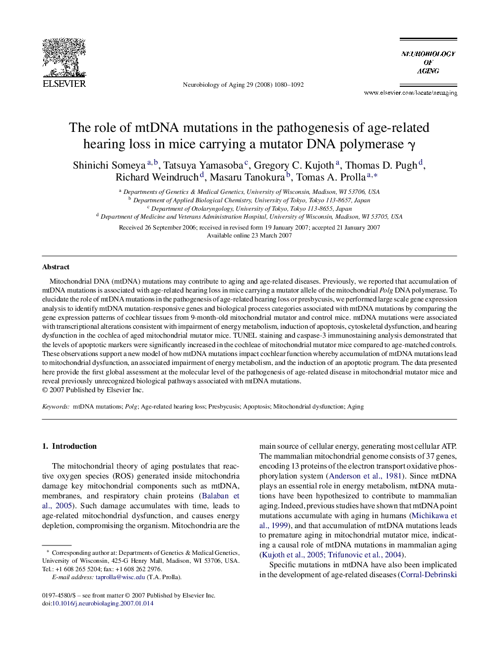 The role of mtDNA mutations in the pathogenesis of age-related hearing loss in mice carrying a mutator DNA polymerase γ