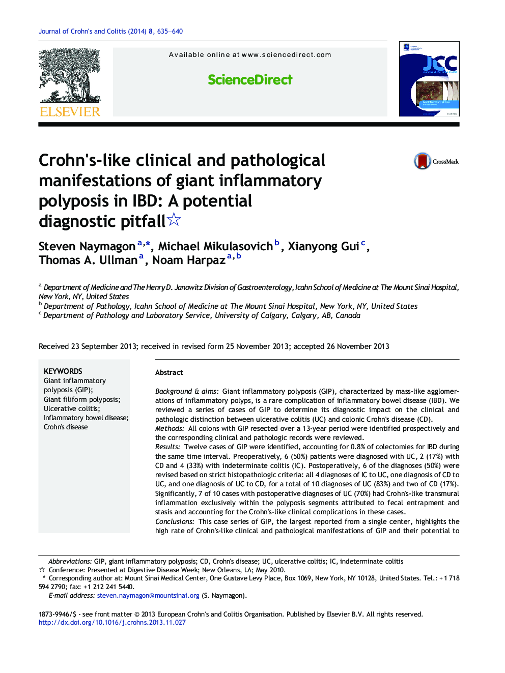 Crohn's-like clinical and pathological manifestations of giant inflammatory polyposis in IBD: A potential diagnostic pitfall