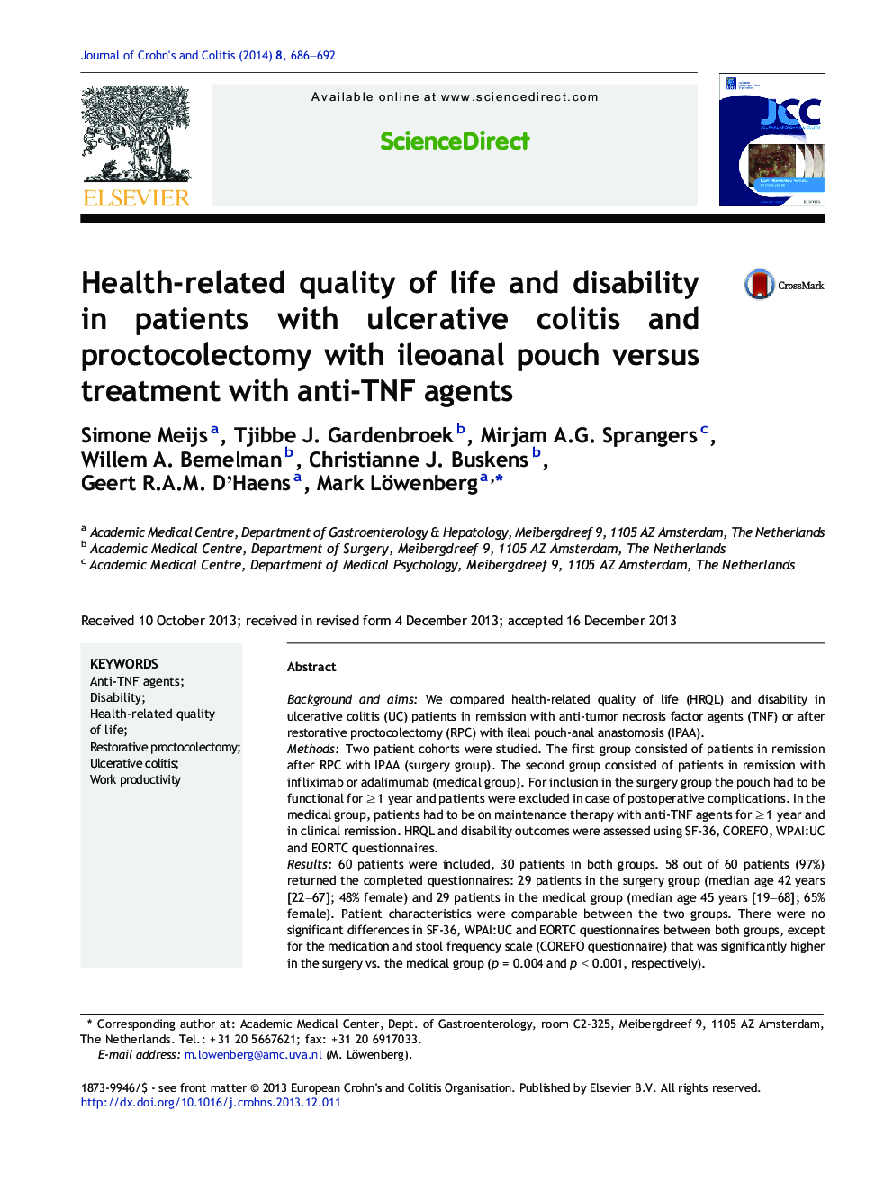 Health-related quality of life and disability in patients with ulcerative colitis and proctocolectomy with ileoanal pouch versus treatment with anti-TNF agents