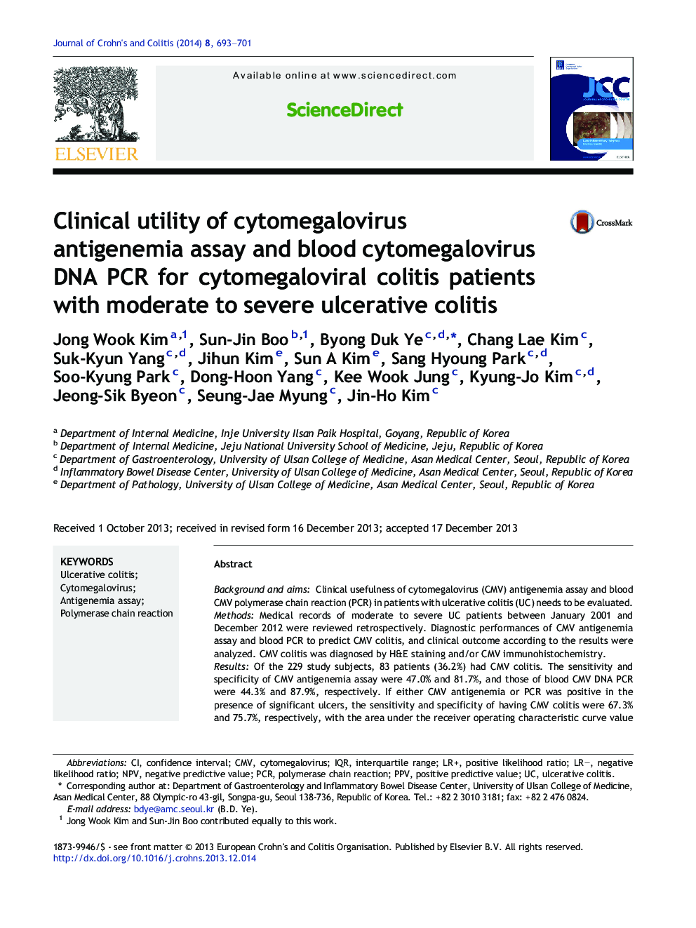 Clinical utility of cytomegalovirus antigenemia assay and blood cytomegalovirus DNA PCR for cytomegaloviral colitis patients with moderate to severe ulcerative colitis