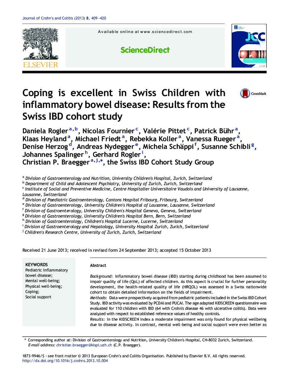 Coping is excellent in Swiss Children with inflammatory bowel disease: Results from the Swiss IBD cohort study