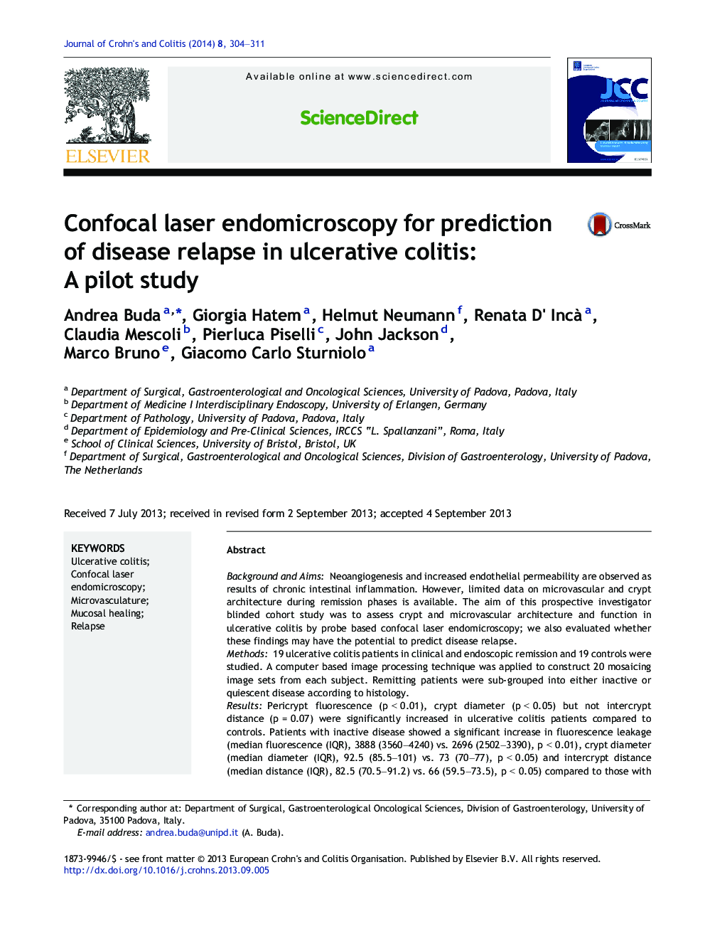 عکس صفحه اول مقاله: Confocal laser endomicroscopy for prediction of disease relapse in ulcerative colitis: A pilot study Confocal laser endomicroscopy for prediction of disease relapse in ulcerative colitis: A pilot study