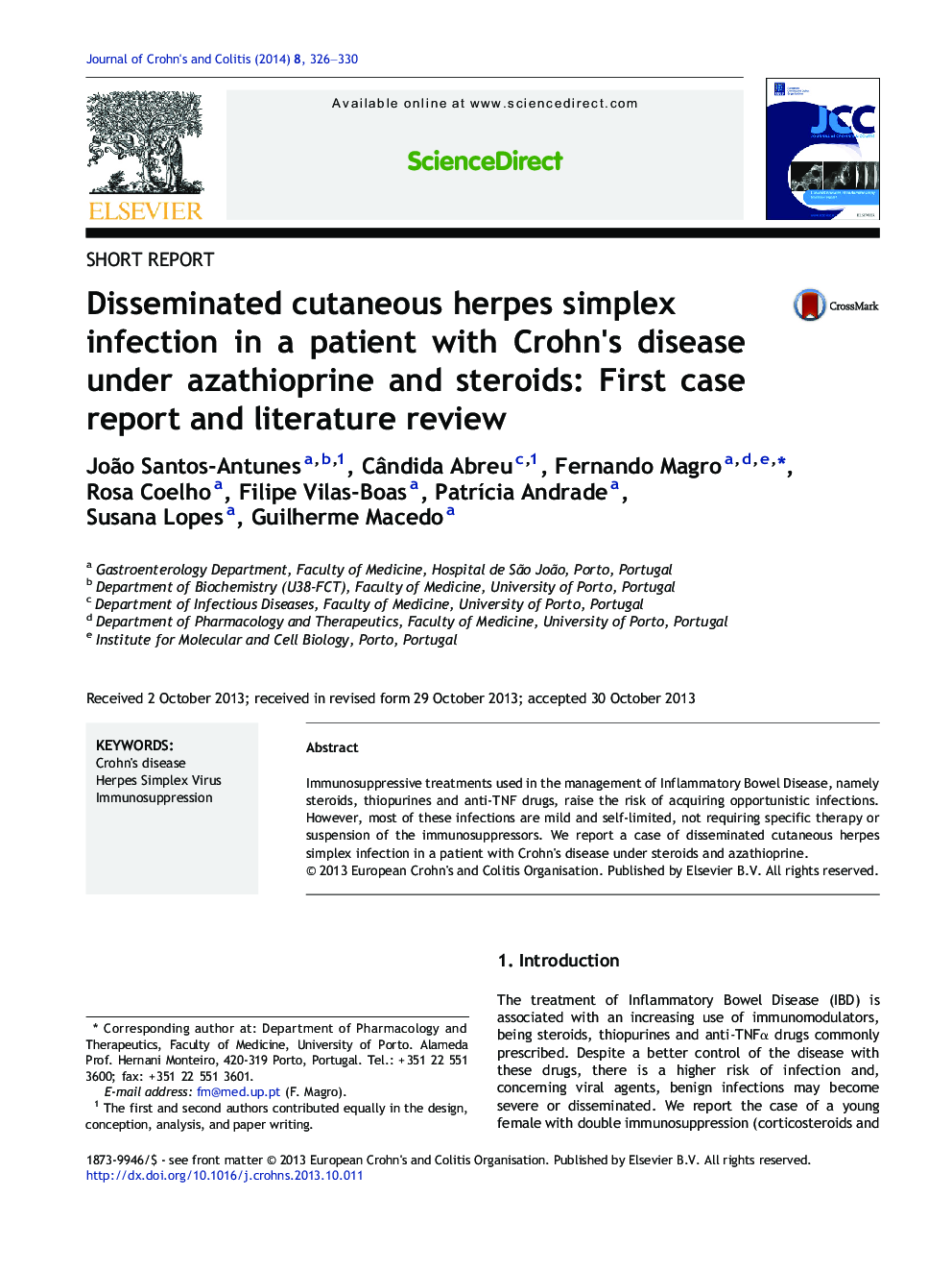 Disseminated cutaneous herpes simplex infection in a patient with Crohn's disease under azathioprine and steroids: First case report and literature review