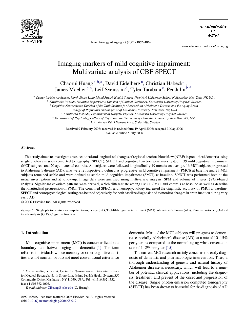 Imaging markers of mild cognitive impairment: Multivariate analysis of CBF SPECT