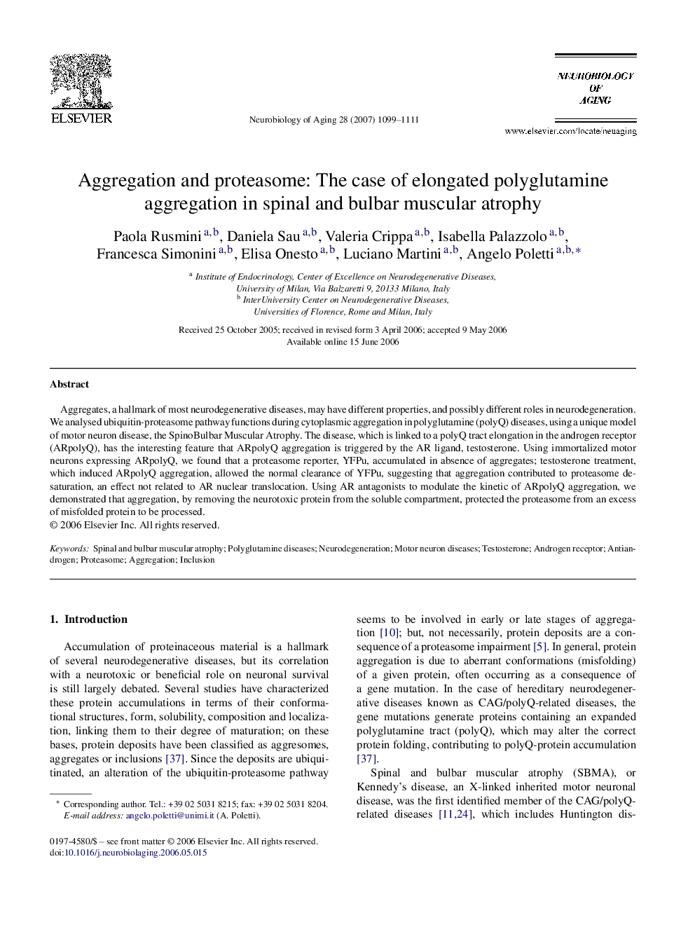 Aggregation and proteasome: The case of elongated polyglutamine aggregation in spinal and bulbar muscular atrophy