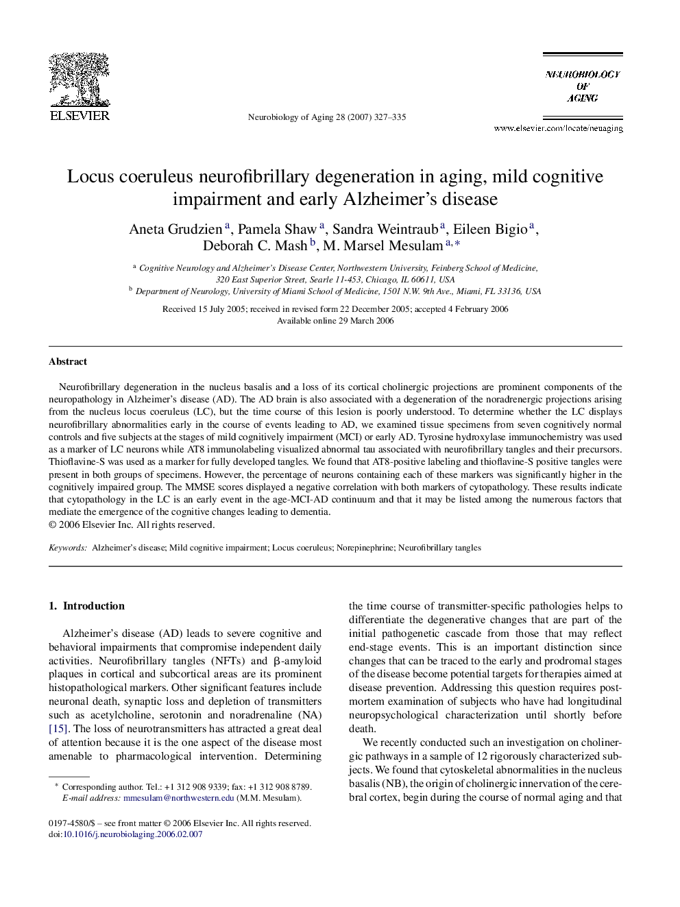 Locus coeruleus neurofibrillary degeneration in aging, mild cognitive impairment and early Alzheimer's disease