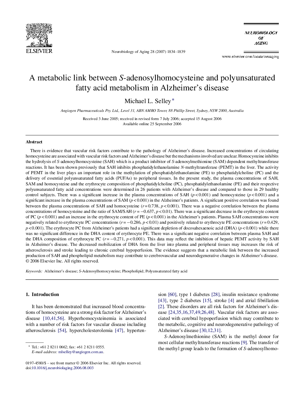 A metabolic link between S-adenosylhomocysteine and polyunsaturated fatty acid metabolism in Alzheimer's disease