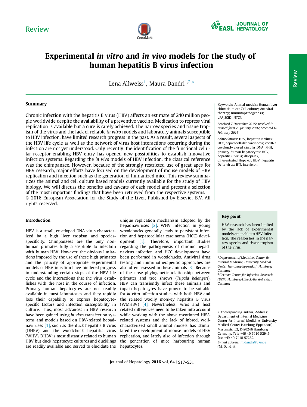 Experimental in vitro and in vivo models for the study of human hepatitis B virus infection