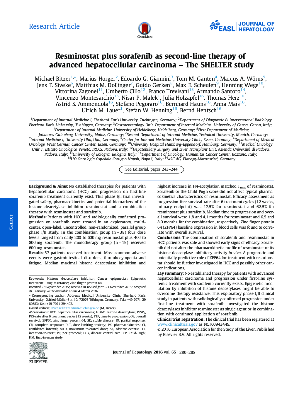 Resminostat plus sorafenib as second-line therapy of advanced hepatocellular carcinoma – The SHELTER study